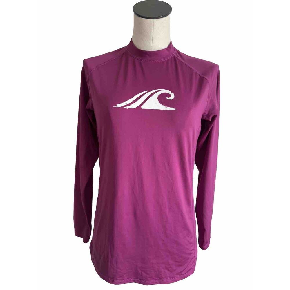 Womens Tesla Swim Top Dark Pink Long Sleeve Mock Neck Surf Beach Wave UPF Medium